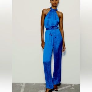 Blue Satin Halter Jumpsuit